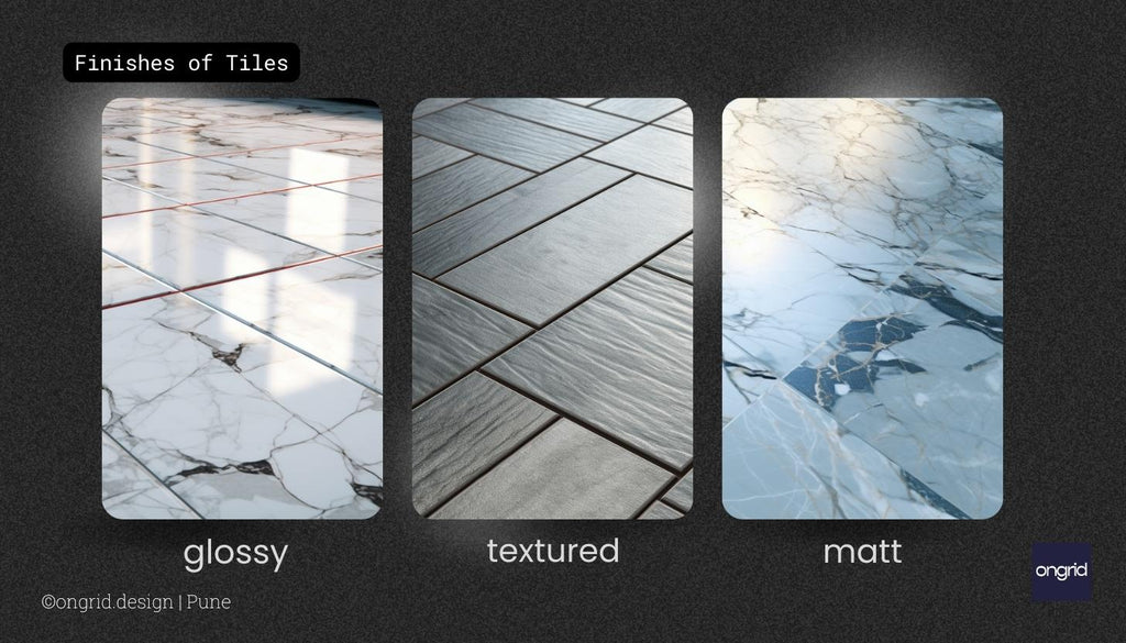 Illustration of tile finishes: glossy, matte, and textured.