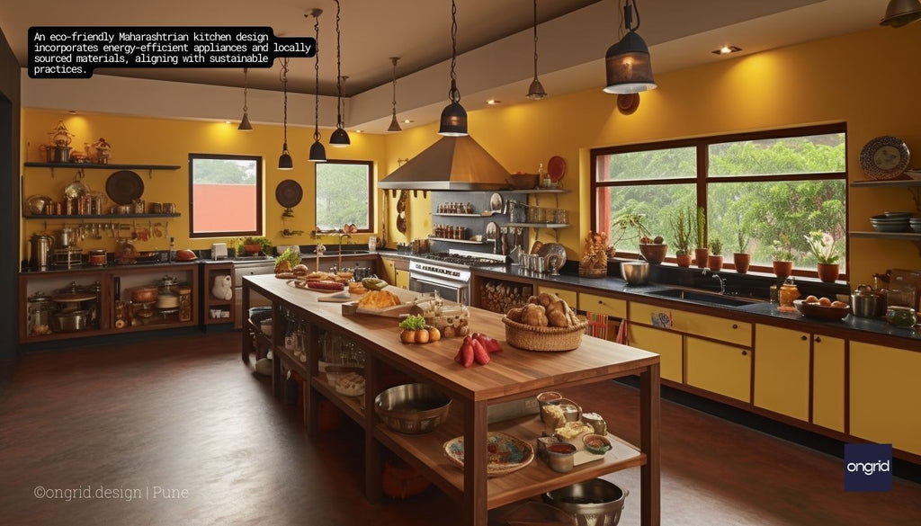 An eco-friendly Maharashtrian kitchen design incorporates energy-efficient appliances and locally sourced materials, aligning with sustainable practices.