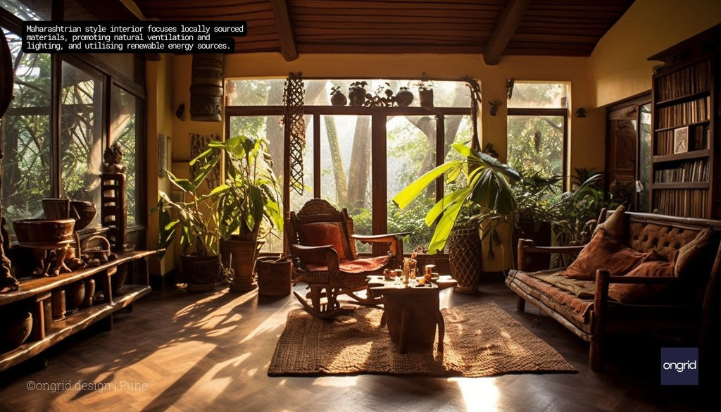 Maharashtrian style interior focuses locally sourced materials, promoting natural ventilation and lighting, and utilising renewable energy sources.