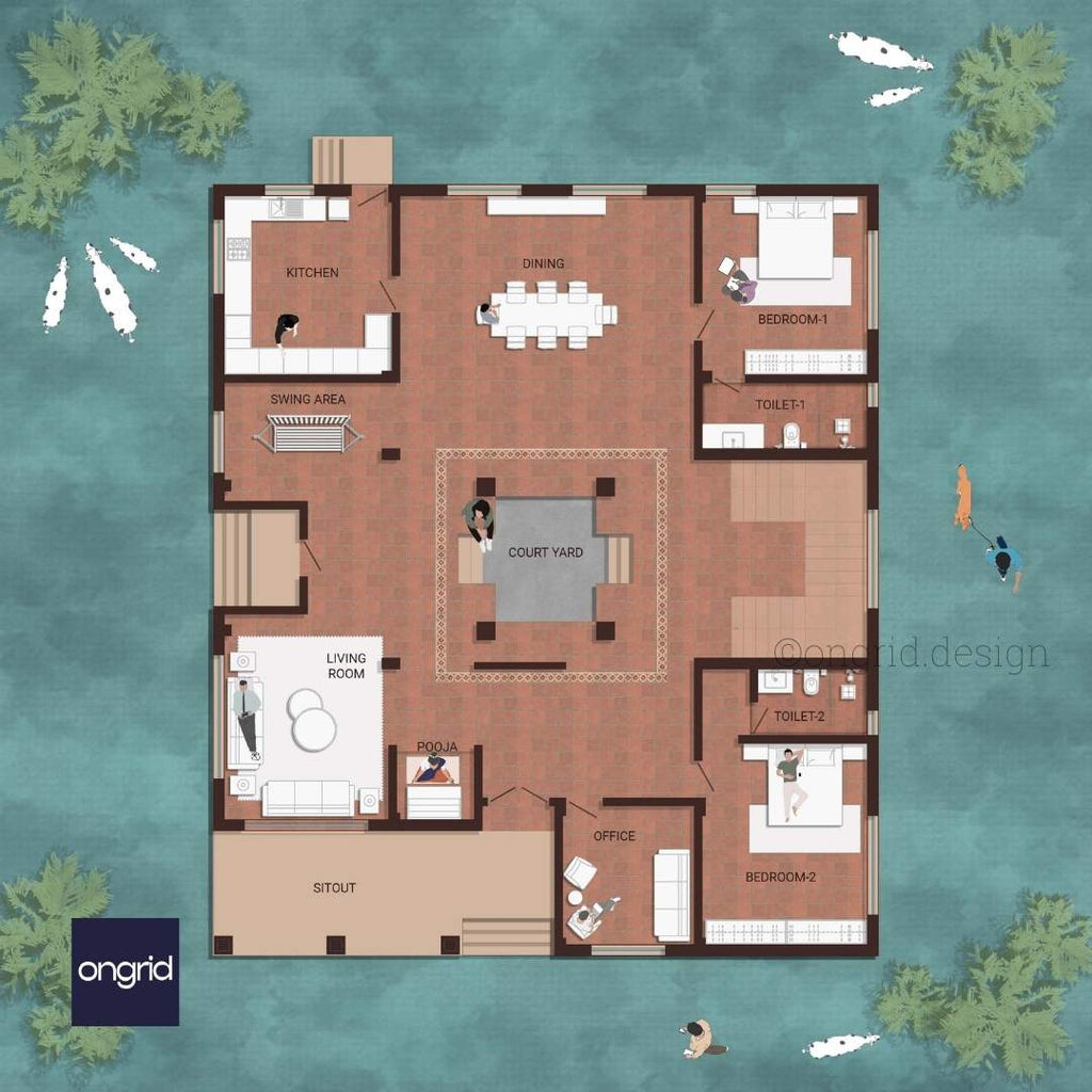 Comprehensive interior floor plan of a Hyderabad farmhouse illustrating the arrangement of kitchen, dining, bedrooms, and courtyard.