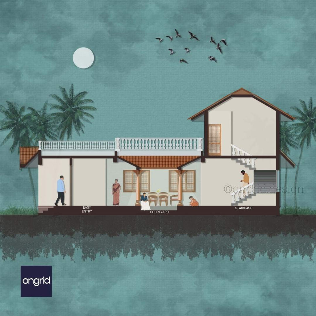 Illustration of a Hyderabad farmhouse's side view displaying the courtyard, dining area, and traditional Indian architectural elements