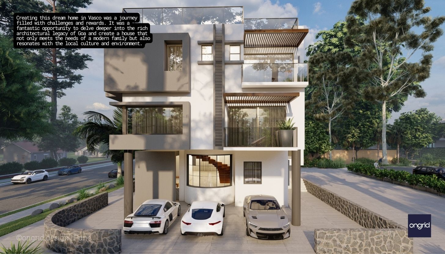 Parking area view of our completed Goa house design
