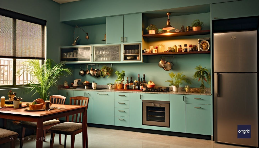 A vibrant parallel kitchen design with cyan-colored countertops and cabinets, contrasted with white walls and stainless steel appliances, creating a modern look