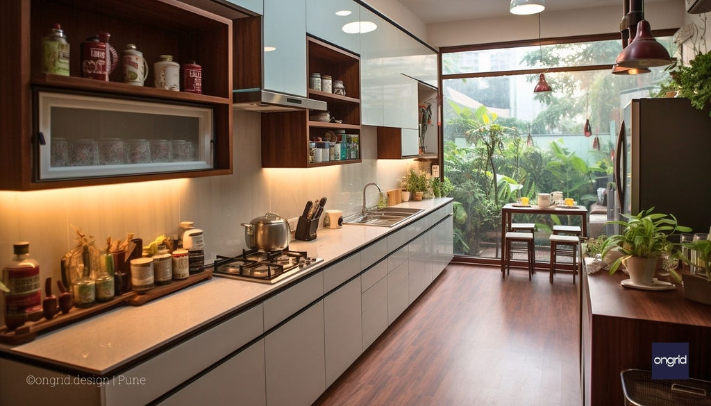 A modular parallel kitchen design with versatile cabinets and drawers in shades of brown and beige, complemented by modern appliances and lighting, offering flexible storage solutions.