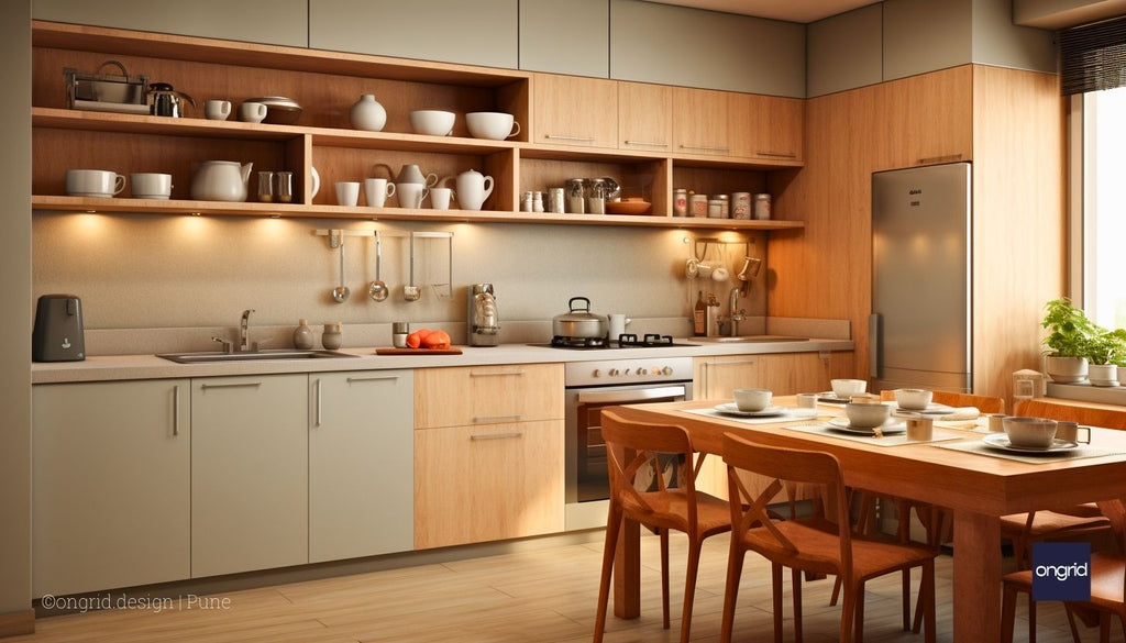 A calming parallel kitchen design with a pastel color scheme, featuring soft shades of pink, blue, and cream, complemented by light wooden surfaces and modern appliances.