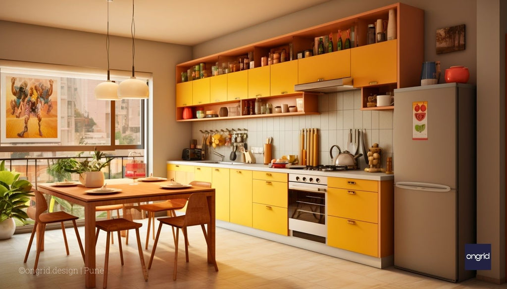 Image of a parallel layout modular kitchen in yellow. The kitchen has two long counters running parallel to each other, with appliances and cabinets on either side. The counters are made of white quartz, and the cabinets are painted yellow. The kitchen is spacious and well-lit, with a large window overlooking a garden.