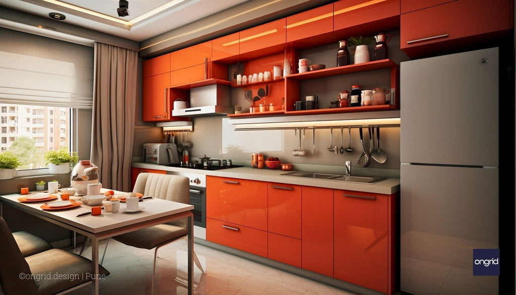 A lively parallel kitchen design with orange cabinets and countertops, adding a vibrant touch, balanced with neutral tones and equipped with contemporary appliances and lighting.
