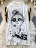 Sleeveless Top Trendy Ins Character Print Sequined Glasses T-Shirt