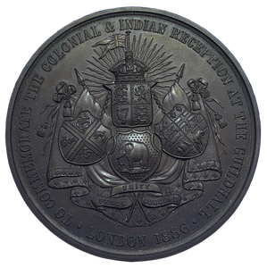 1886 Colonial and Indian Reception, Guildhall, London Historical Medallion by Elkington & Co Obverse