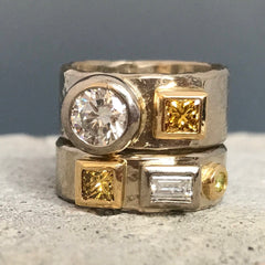 white and yellow gold double ring set with yellow and white diamonds