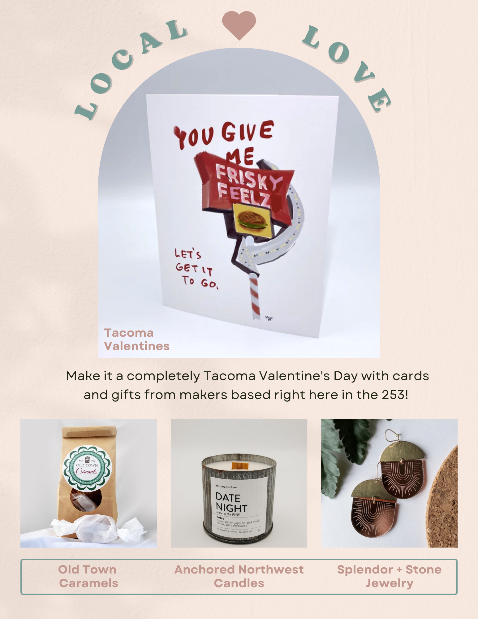 A Valentine's Day card and gift guide of Tacoma-based items. 