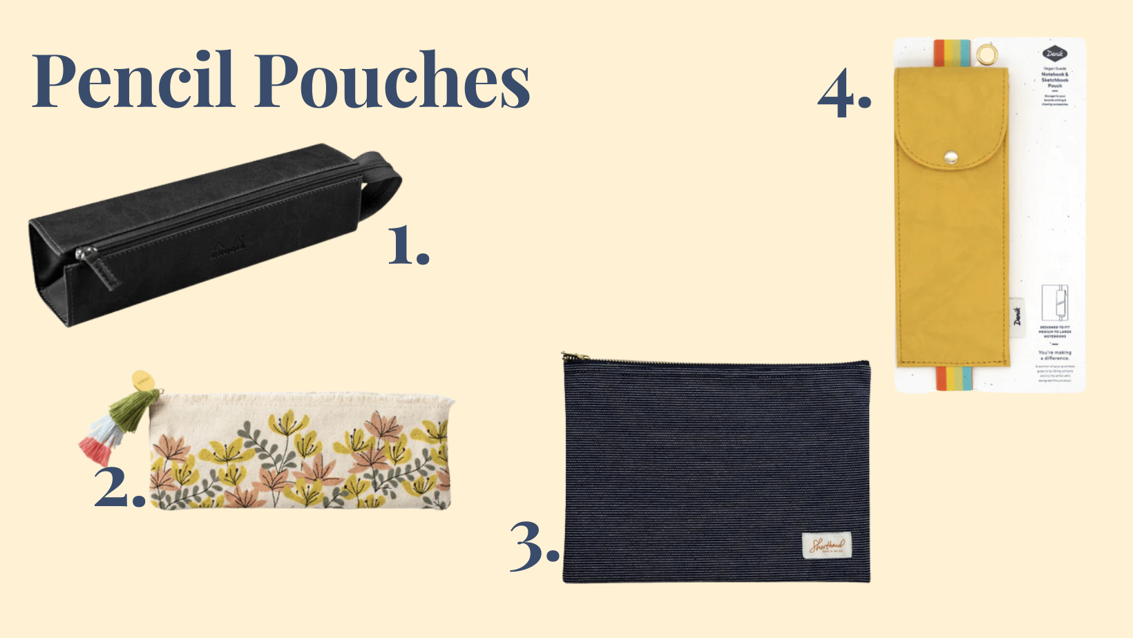 Text reads "Pencil Pouches." There are four different pencil pouches on the page, they are: 1. Rhodia Rhodiarama Pencil Box  2. Spring Floral Small Pouch  3. Marker Pouch  4. Yellow Crinkle Lined Vegan Leather Notebook Pouch