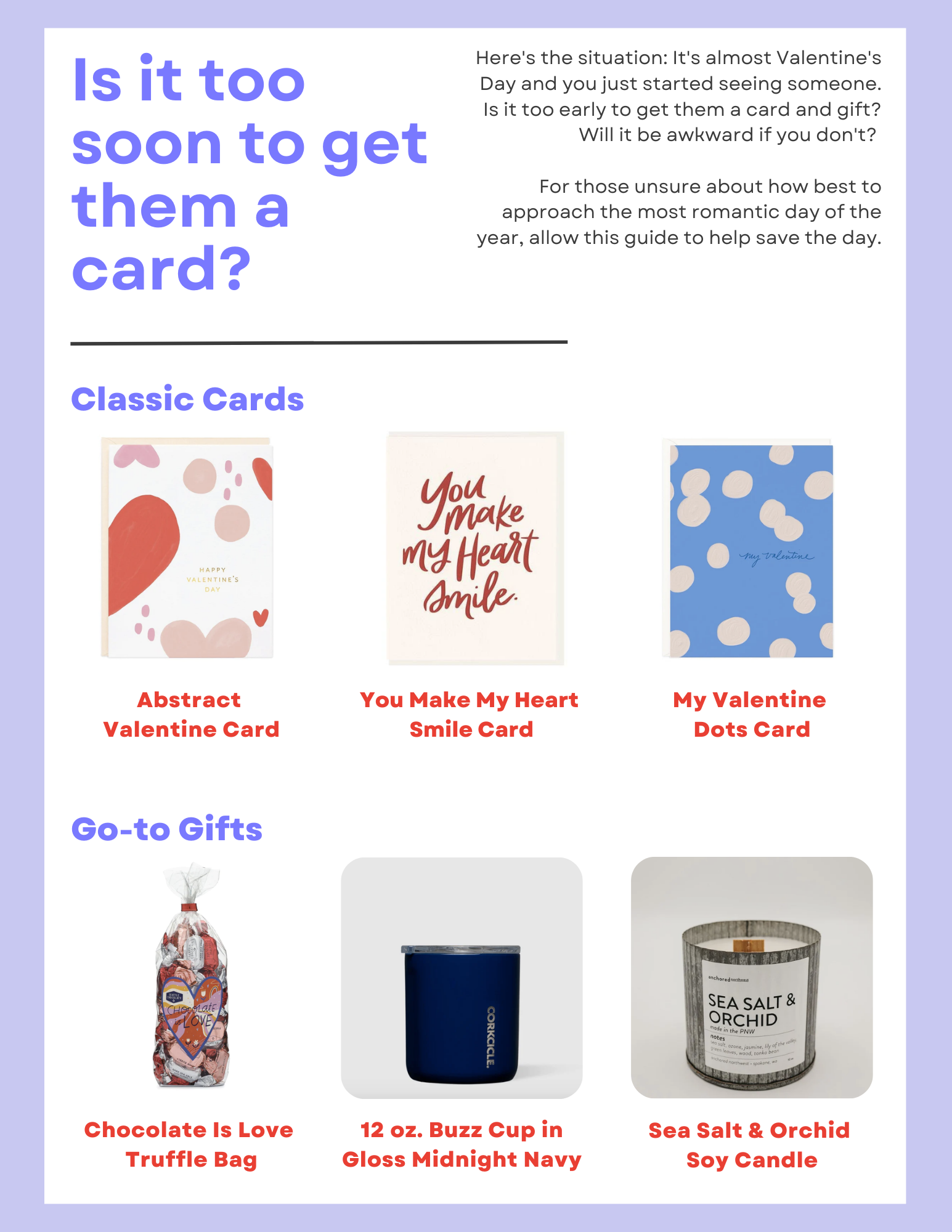 A Valentine's Day card and gift guide of classic items for new couples. 