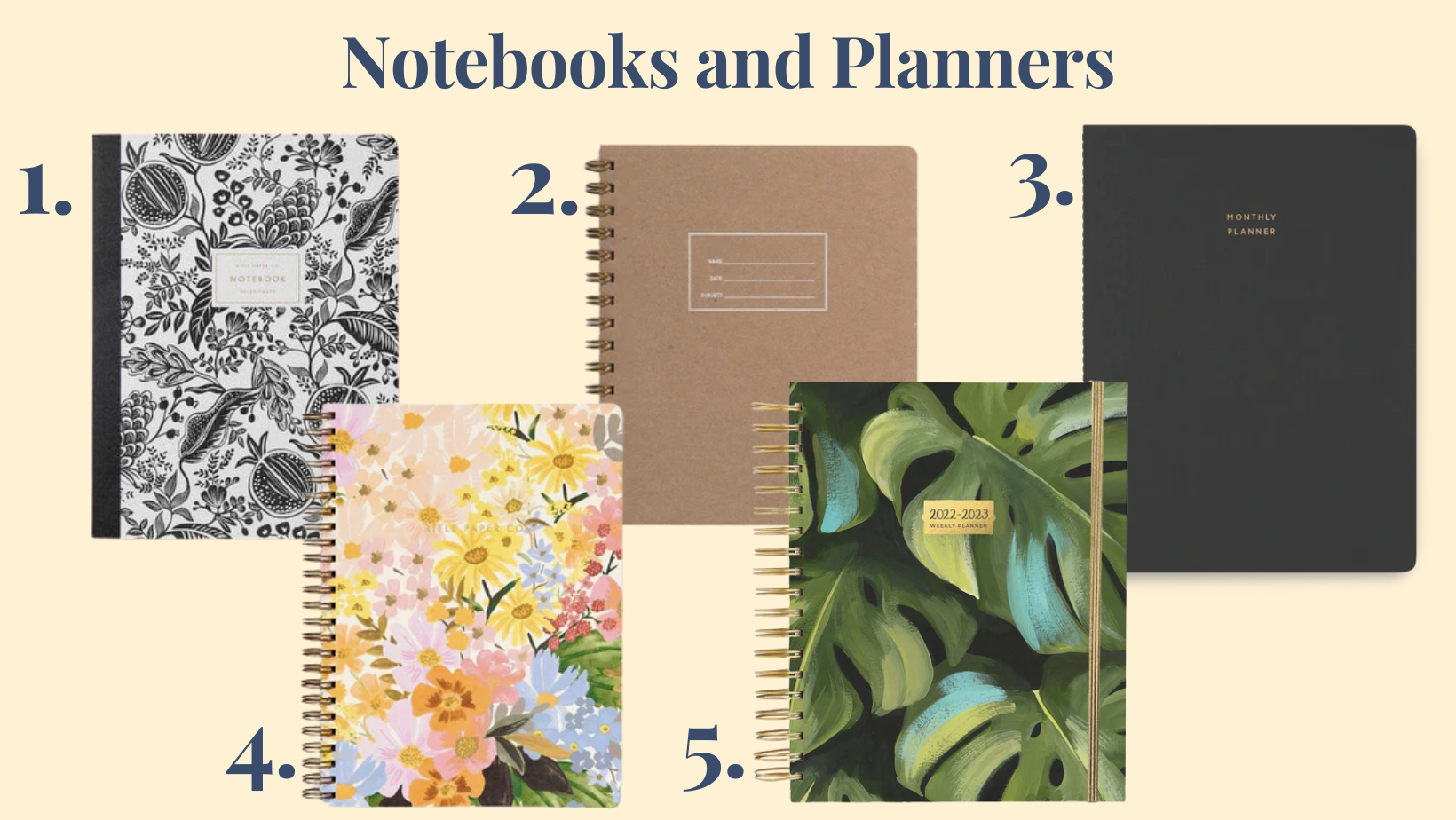 Text reads "Notebooks and Planners." There are three notebooks and two planners on the page. They are: 1. Pomegranate Ruled Notebook  2. Standard Notebook Lined - Right Handed  3. Appointed Large Monthly Planner - Charcoal Gray  4. Marguerite Spiral Notebook  5. Panama Planner: Academic Year