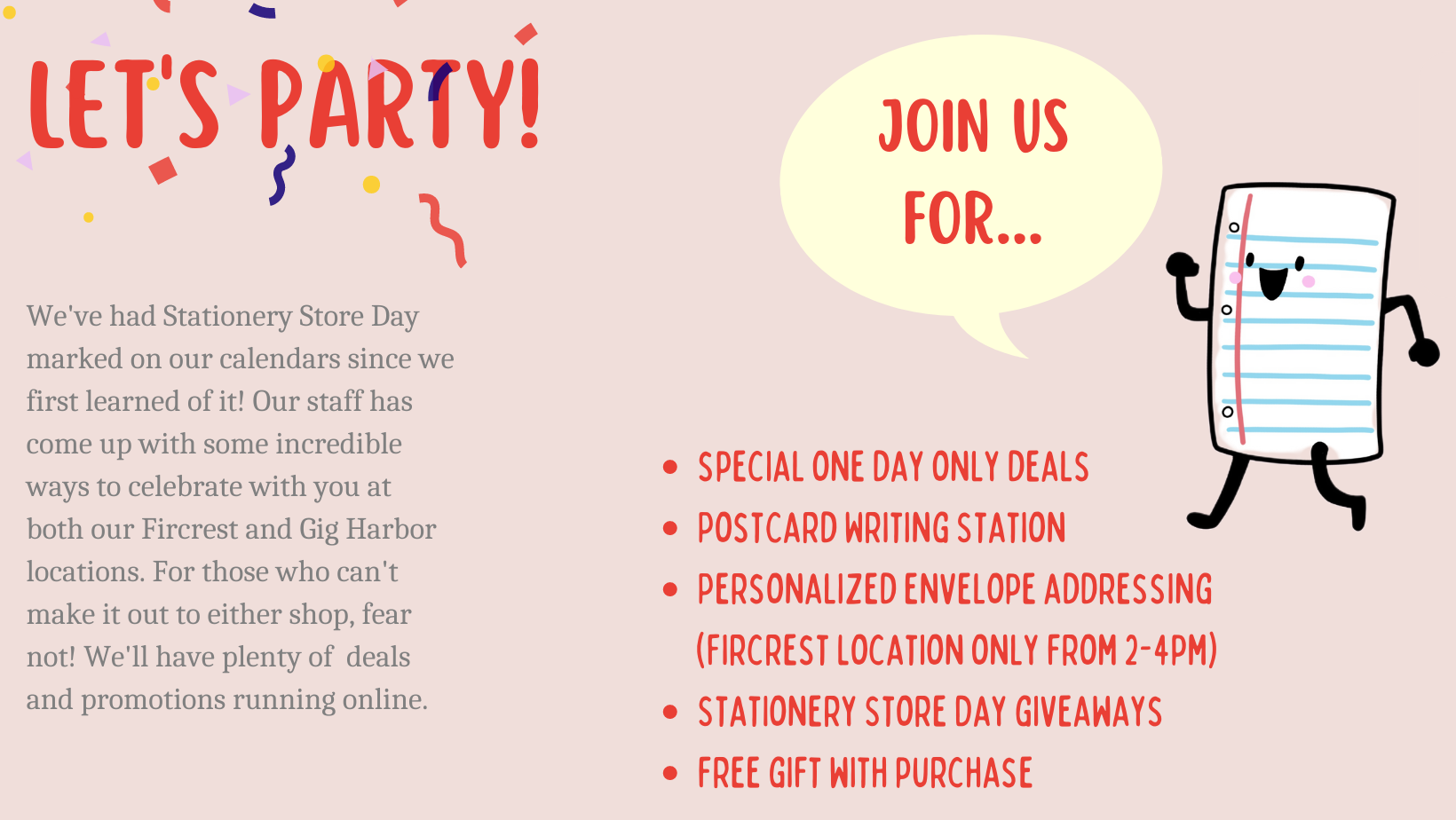 Title reads, "Let's Party!" Join us for deals, a postcard writing station, personalized envelope addressing, giveaways, and a free gift with purchase. 