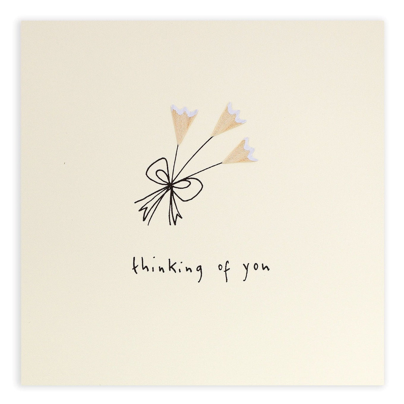 A drawing of a flower bouquet where the flowers are made of white pencil shavings. The card reads, "thinking of you."