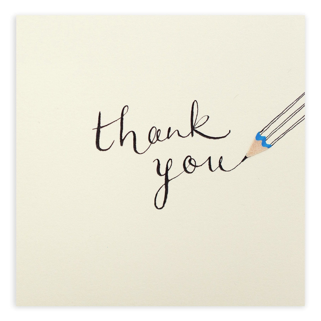 The card reads "thank you" written by an illustrated pencil with the tip of the pencil made of a blue pencil shaving.