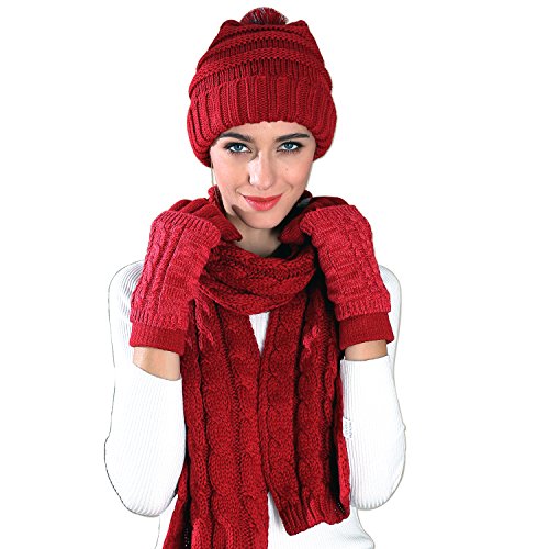 Women's Winter 3 Piece Cable Knit Beanie Hat Gloves & Scarf Set