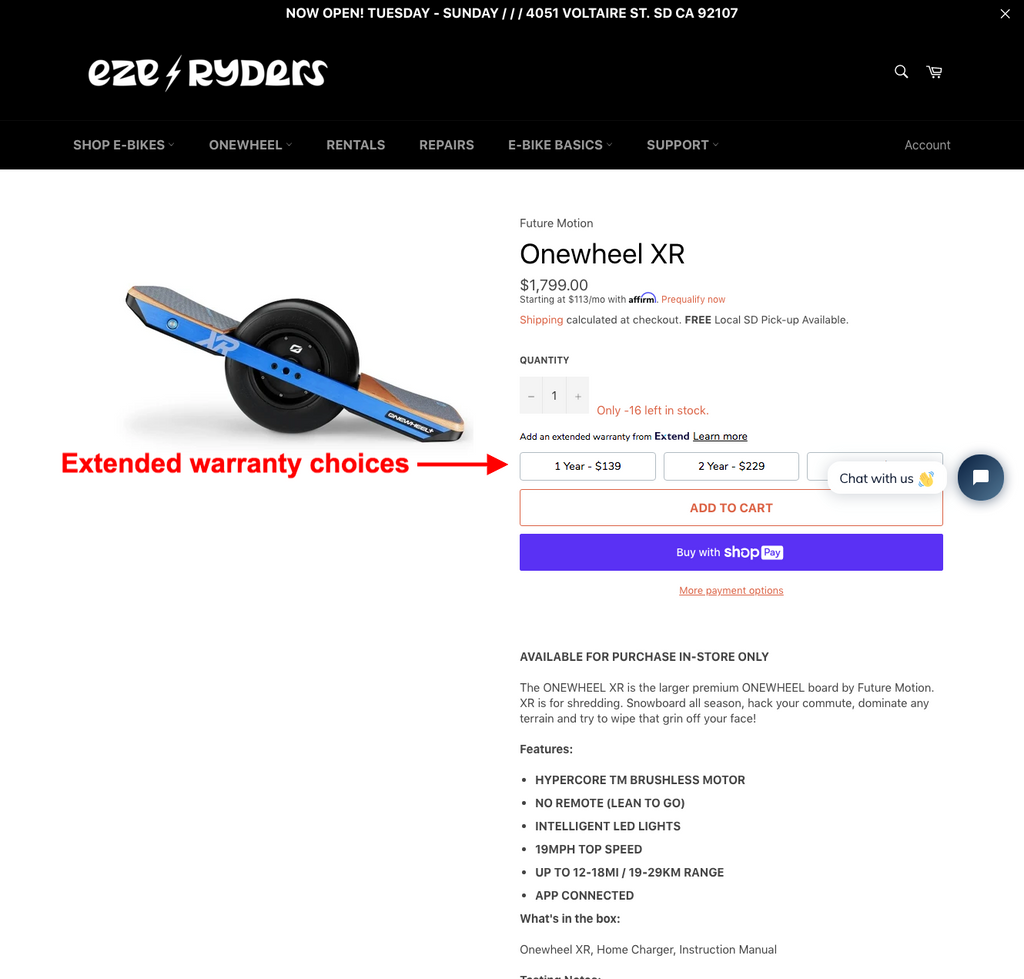 EXTEND warranty protection - image of ezeryders Onewheel XR product page