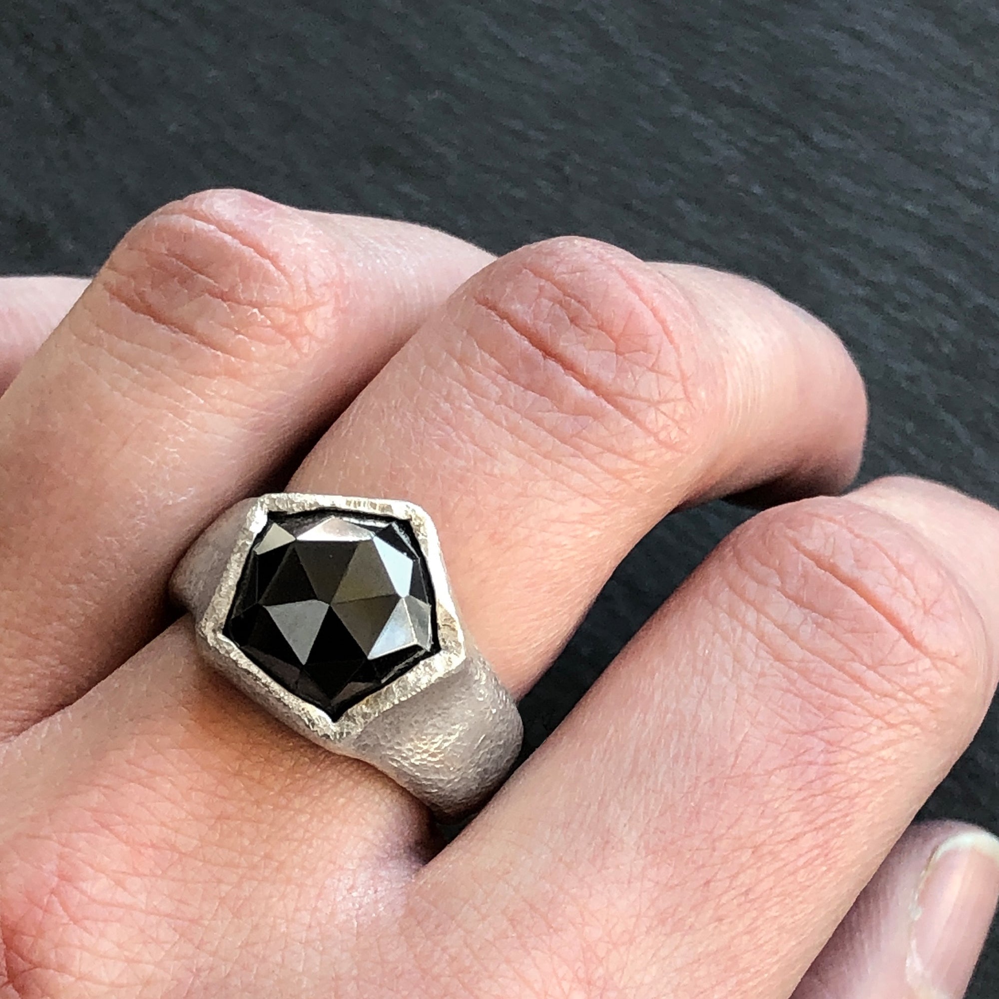 Saga Geo Textured Ring - Hematite & Sterling