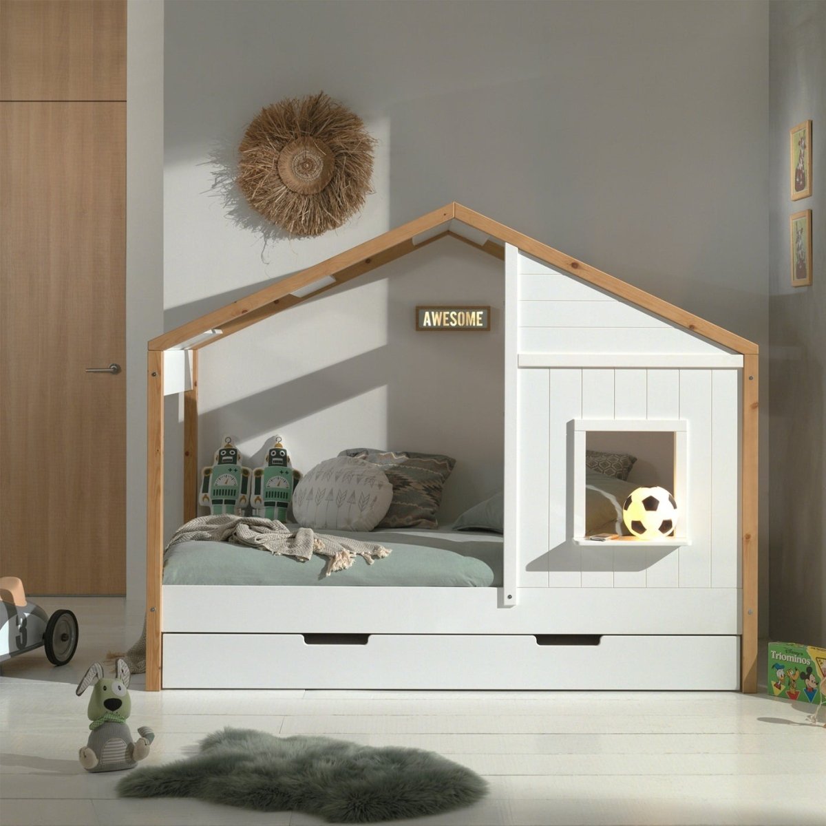 Lit cabane surelevé enfant 90x190 blanc et beige Safari