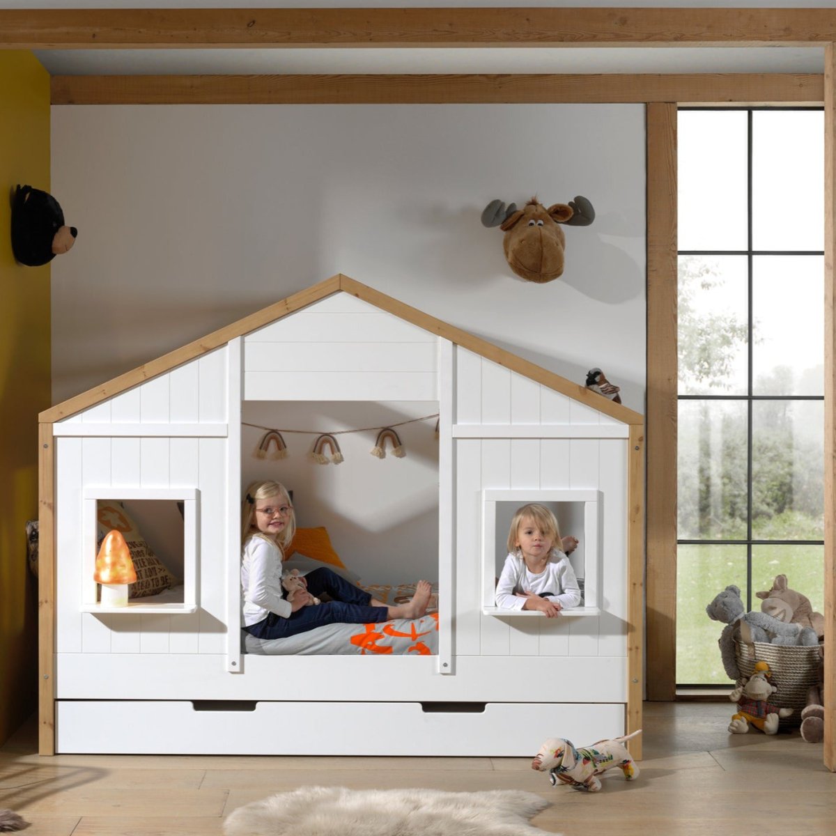 Lit cabane surelevé enfant 90x190 blanc et beige Safari