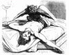 Vintage drawing of sleep paralysis with a tiny black demon