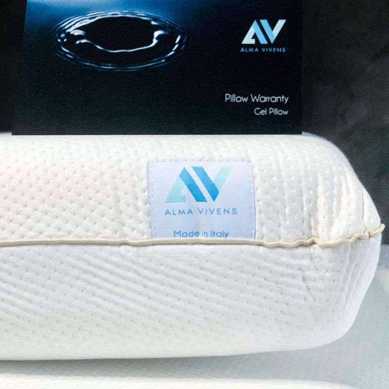 Alma Vivens Classy Pillow side view with warranty card on top