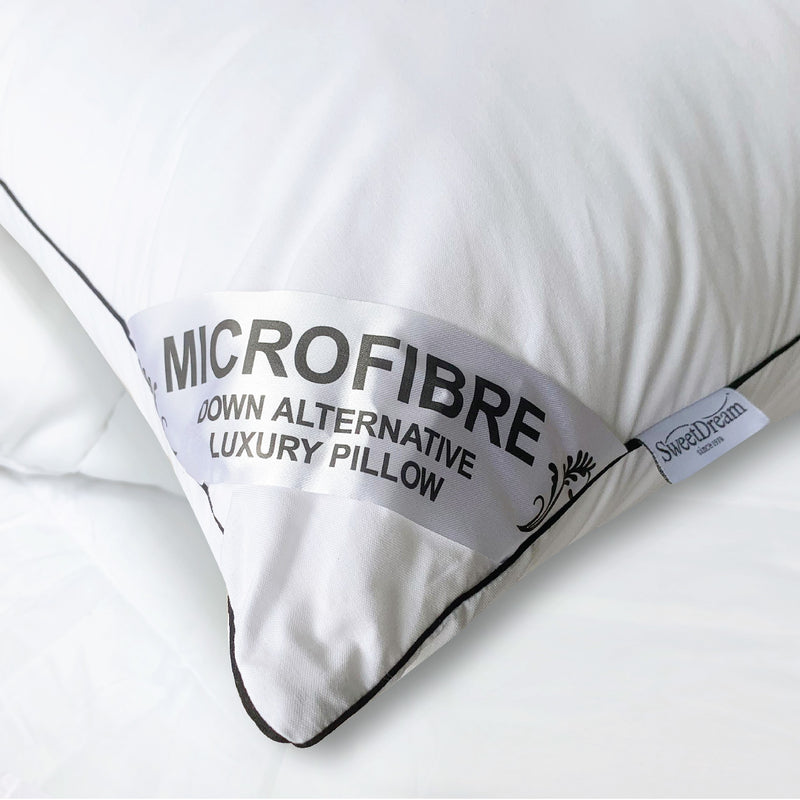 Close up of microfibre pillow corner showing the labels and tag