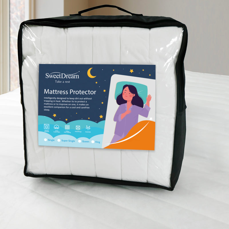 Home Mattress Protector in packaging placed on a white mattress and clean bedroom