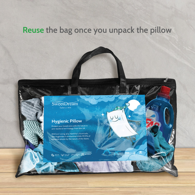 Spa Hygienic Pillow packaging being reused as a laundry bag