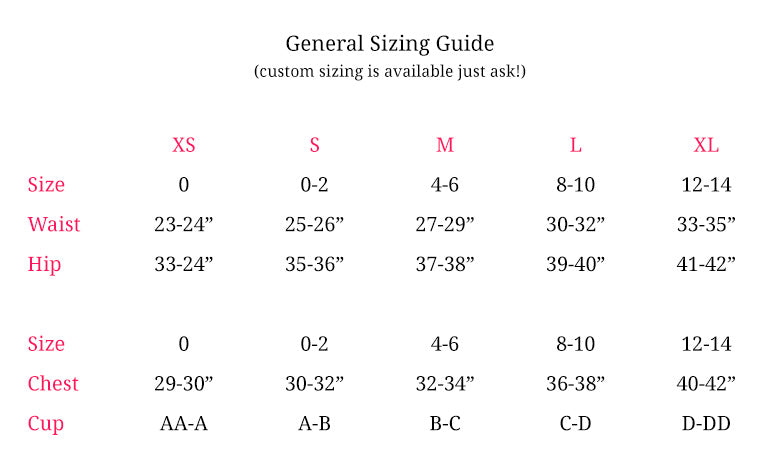 Clare Bare Lingerie Size Chart