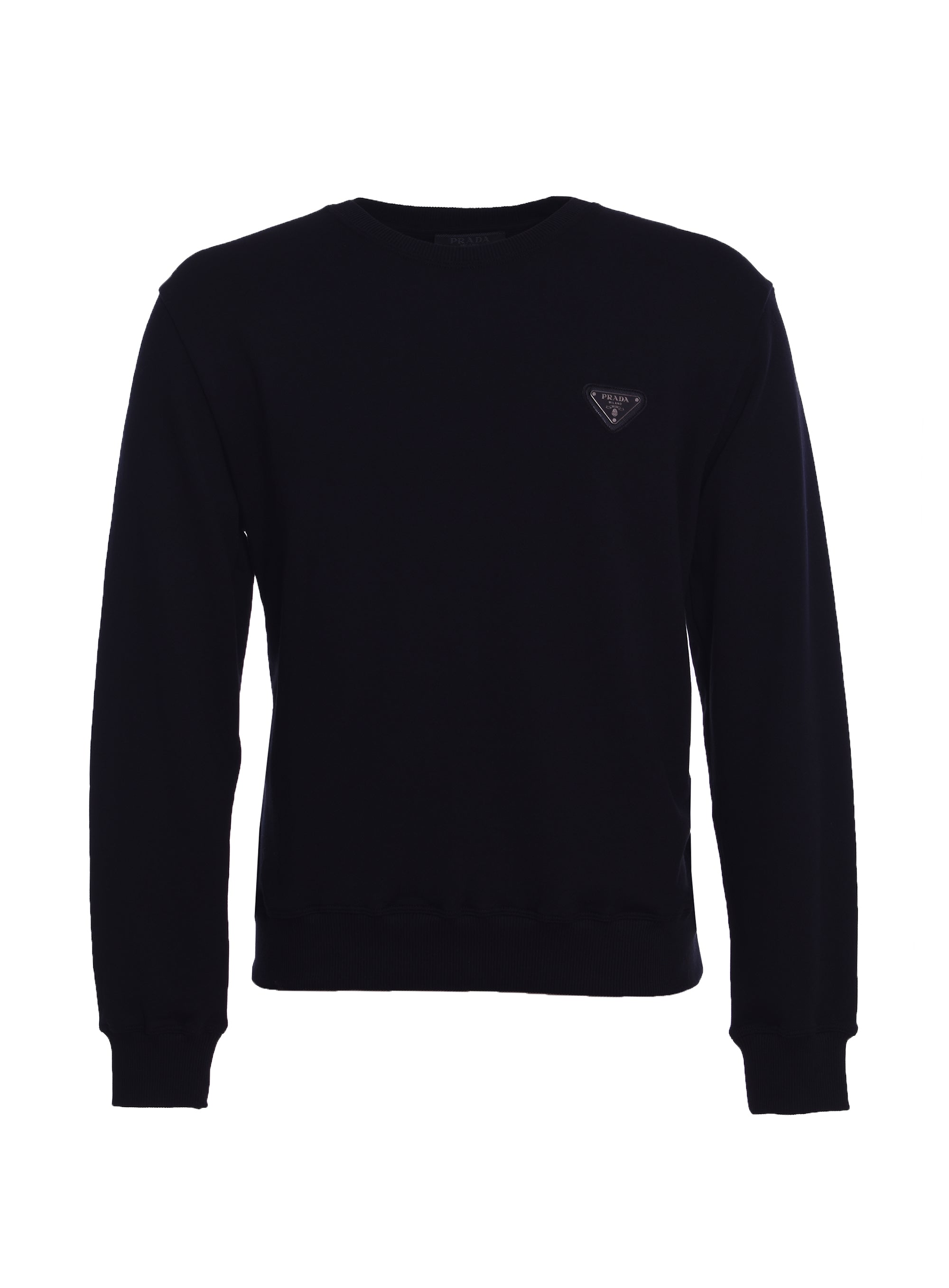 PRADA METAL LOGO PATCH DARK BLUE KNITTED SWEATSHIRT – e-Outlet