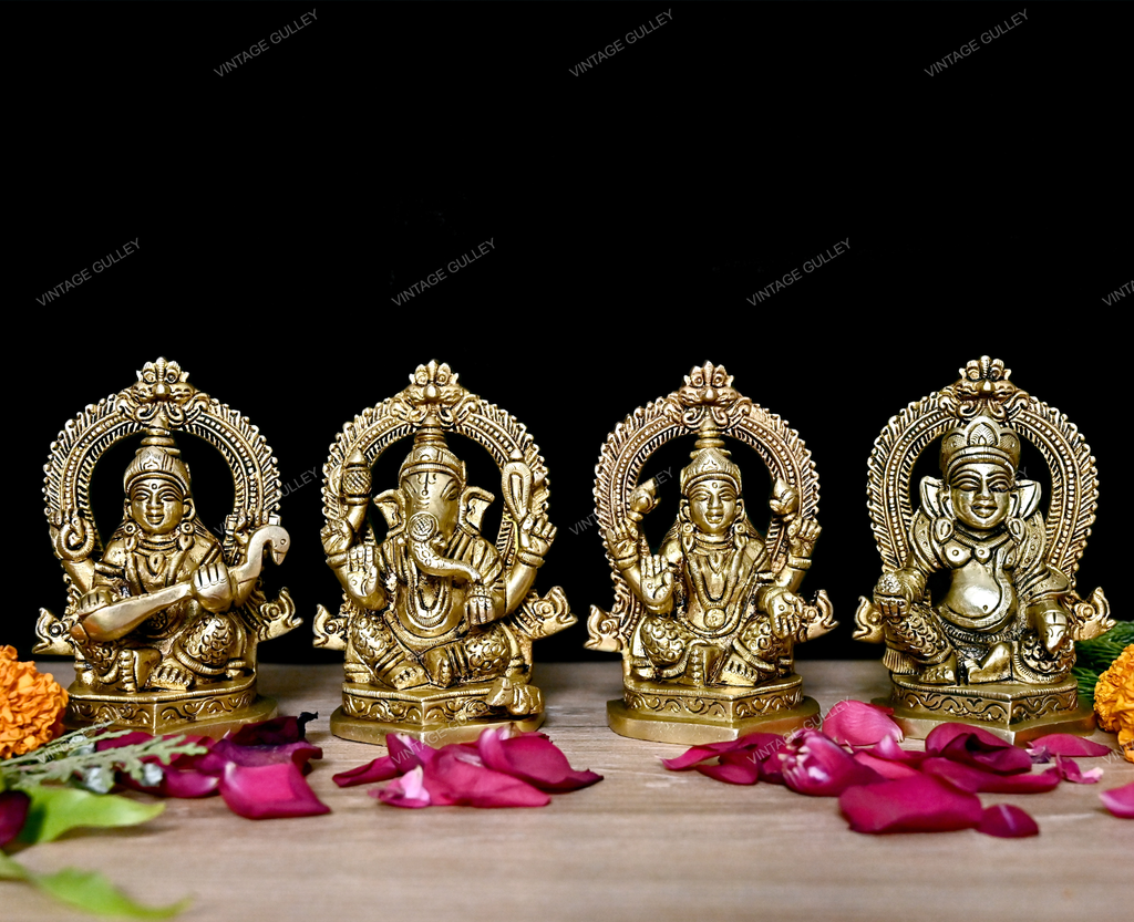 Brass Laxmi Saraswati Ganesha Kuber Idol – Vintage Gulley