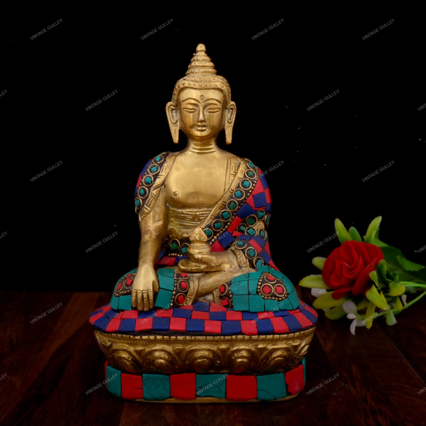 ARTVARKO Big Brass Buddha Statue Buddhism Blessing Pose Multicolor Stone  Handwork Sculpture Tibetan Feng Shui Yoga