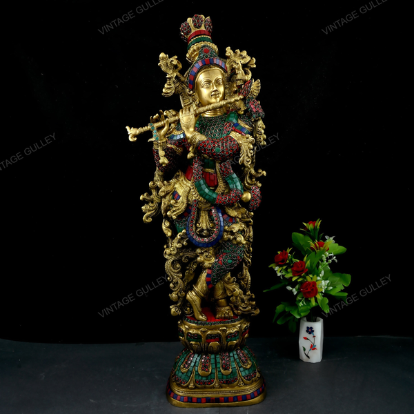 Lord Krishna Idol Statue Krishna Idols Gold Plated Brass Flute Playing –  tcwgrandshoppingzone