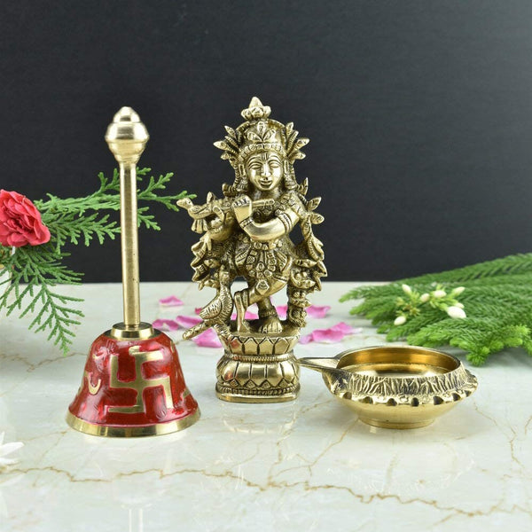 Brass Krishna Idol | Brass Puja Bell | Brass Kuber Diya - Set of 3