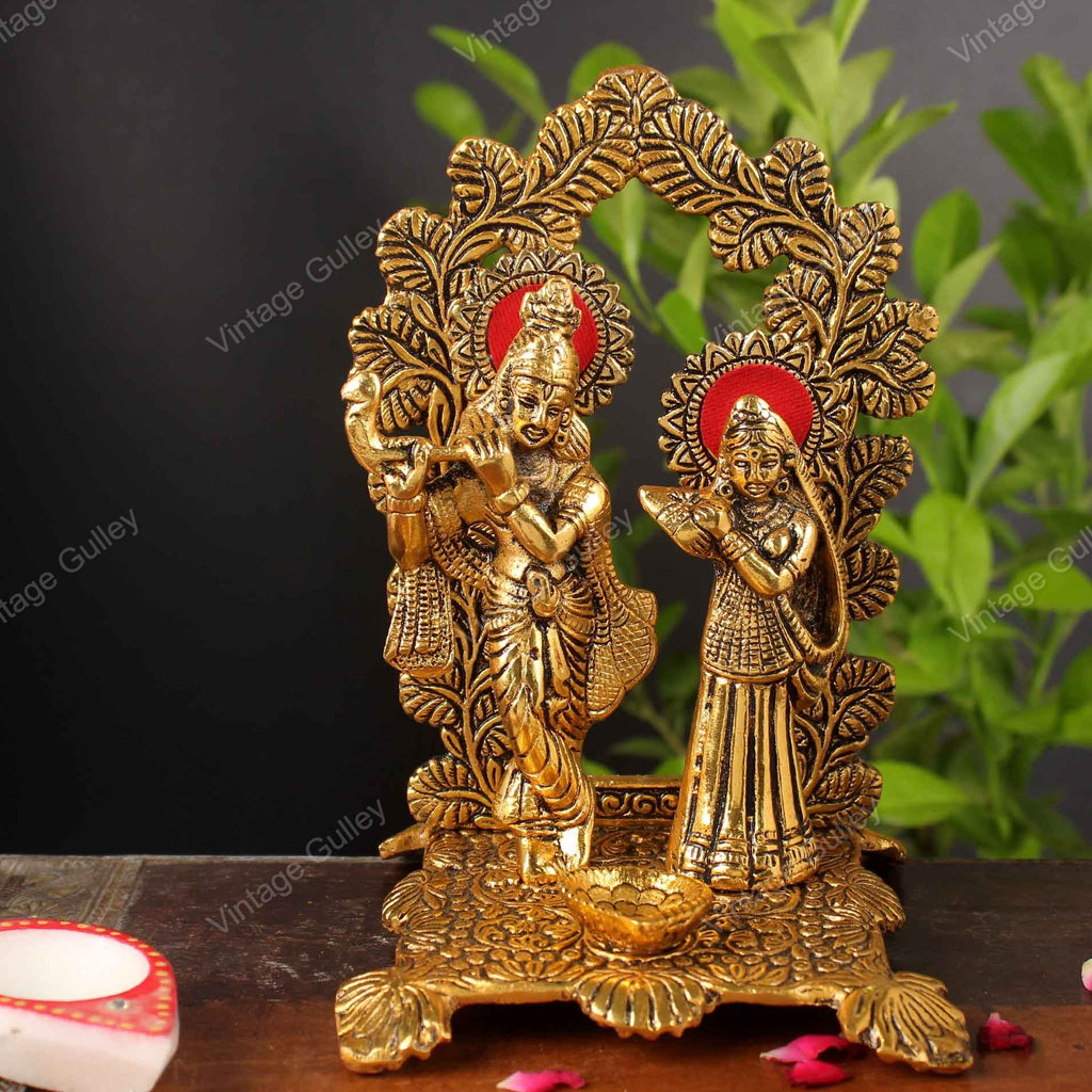 Metal Lord Radha Krishna Idol with Diya Golden Finish – Vintage Gulley