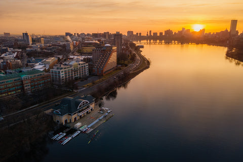 Boston University's DeWolfe Boathouse, photographed just after sunrise