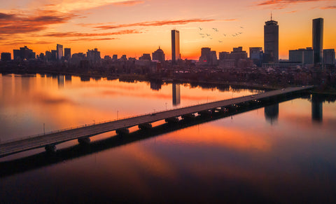 Mass Ave Bridge connecting Cambridge and Boston shot during a vibrant sunrise