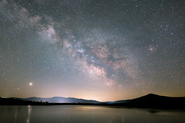 Milky Way galaxy in the night sky over a lake in Stowe, Vermont