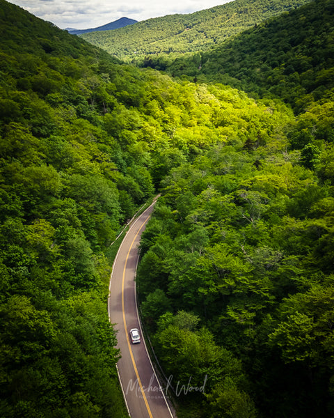 Aerial view looking south down Smuggler's Notch toward Camel's Hump in Vermont