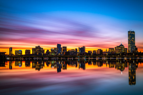 sunrise colors over the Boston skyline in June 2020