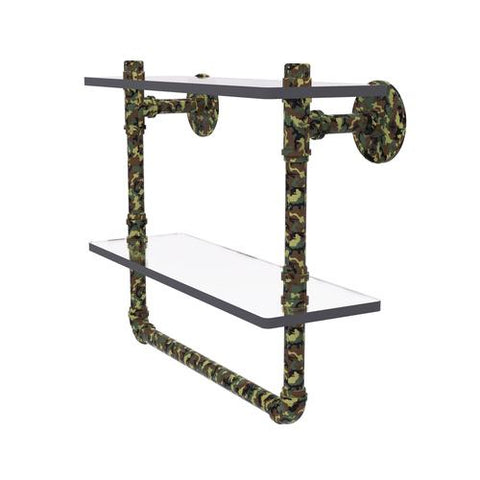 Camo finished double glass pipe shelf with towel bar