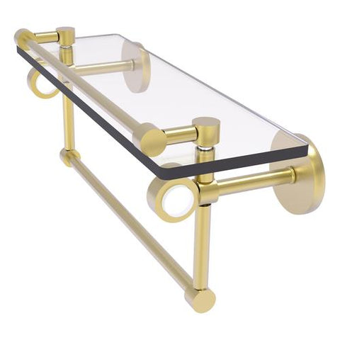 Glass and brass shelf with acrylic inlay, towel bar, and gallery rail