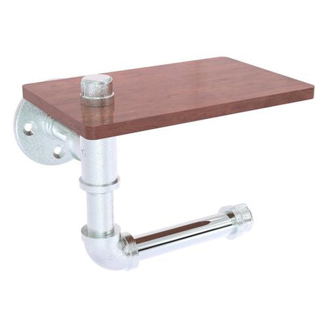 Pipe constructed European style toilet paper holder with wood shelf
