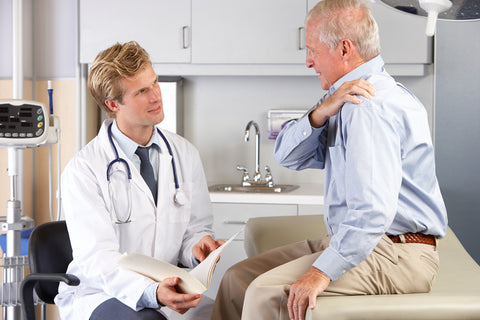 stock image of doctor treating patient for shoulder pain