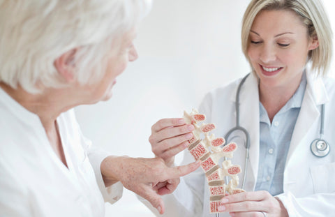 Doctor and Patient looking at a model of vertebraes