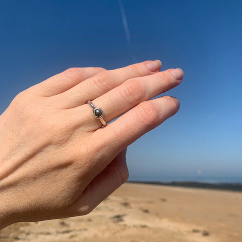 Handmade recycled silver ring with hematite crystal cabochon