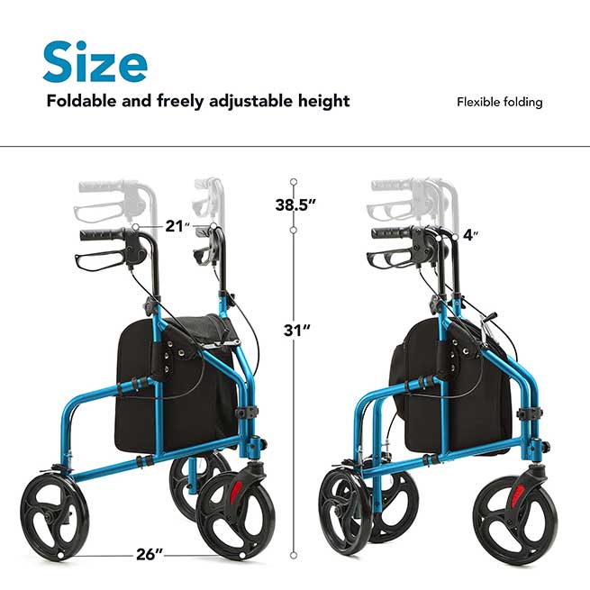 Foldable and Adjustable 3 Wheel Walker